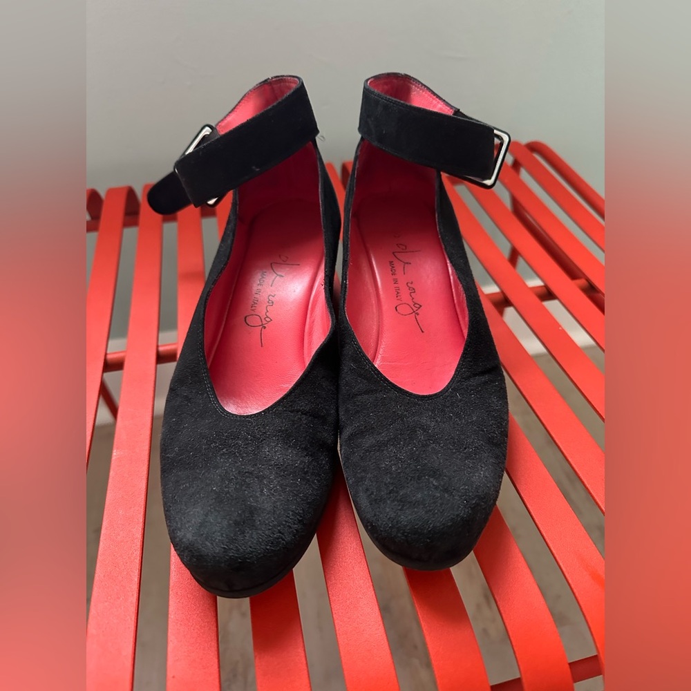 Pos ole rouge black suede wedge heels with strap.